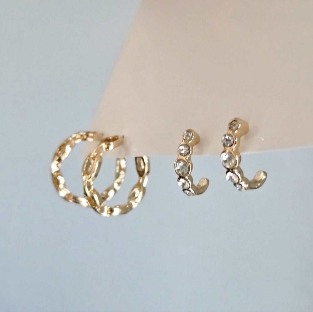 Set of 2 Gold Tone Hoop Earrings - Chain Link & Rhinestone Accents